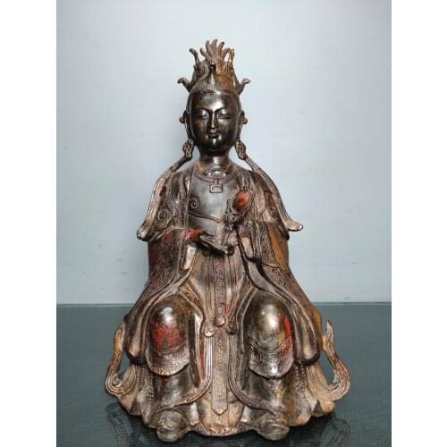 12"Tibet Temple Collection Old Bronze Cinnabar Lacquer Statue of Mazu Poseidon Bless peace Enshrine the Buddha Ornaments