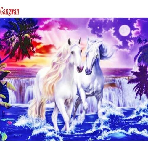 DIY Full Square round Diamond Painting White horse waves Embroidery Cross Stitch Rhinestone Mosaic unicorn Home Decor painting