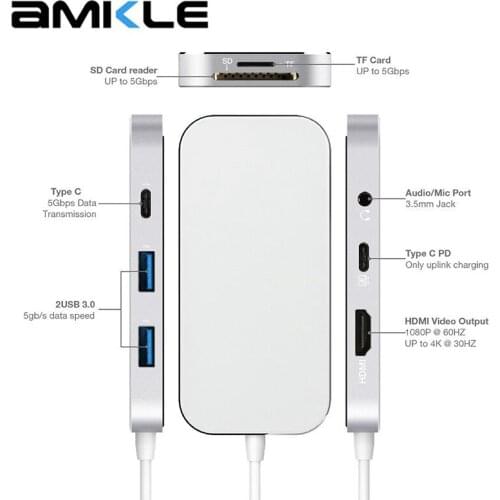 Amkle 7in1 USB C Hub Type C 4K HDMI Adapter PD SD/TF Card Reader 3.5mm MIC USB HUB Type C Thunderbolt for MacBook Dell Xiaomi
