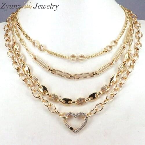 5PCS, Gold Color Fashion Micro Pave CZ Safety Pin Coffee Bean Link Chain Heart Choker Necklace For Women Classic Luxury Jewelry