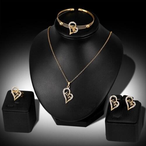 Elegant Women Rhinestone Heart LOVE Pendant Necklace Earrrings Bracelet Ring Jewelry Set Anniversary Gold Color Jewelry Sets