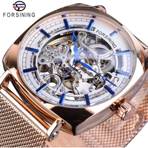 Forsining Rose Gold Mechanical Men Wristwatch Creative Square Transparent Business Steel Mesh Band Sports Automatic Watches Gift