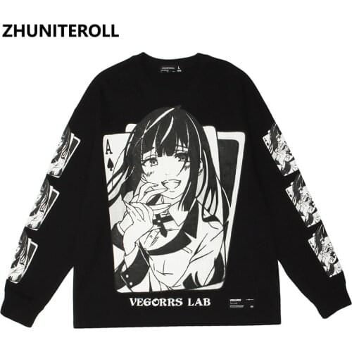 2021 Japan Style Fashion Long Sleeve Tees Shirts Anime Girl Print Streetwear Hip Hop Loose Summer Tshirts Men Kawaii Clothing