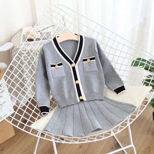 Hot sale Baby girl clothes new sweater set childrens knit suit sweater girls warm sweater skirt two-piece grey color 3-7Y #0070