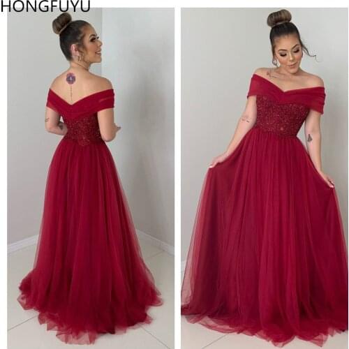 HONGFUYU Off the Shoulder Tulle Prom Dresses A-line Vestidos de Festa Sleeveless Evening Gowns Womens Party Dress Appliques Lace