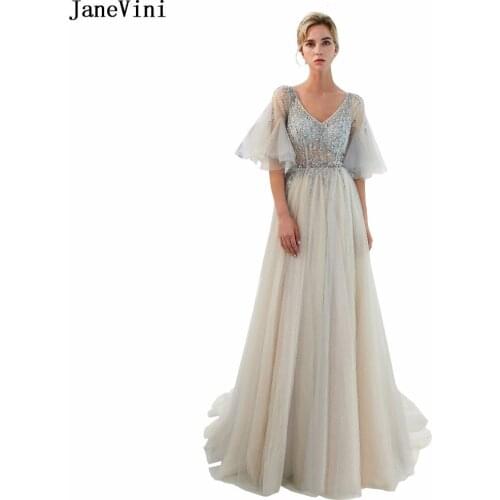 JaneVini Elegant A Line Gray Long Bridesmaid Dresses with Poet Sleeve V Neck Illusion Back Women Luxury Beading Tulle Prom Gowns