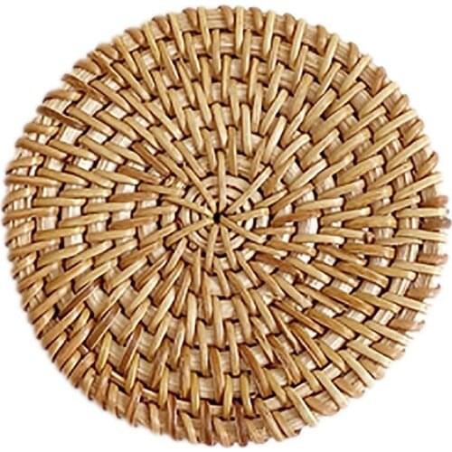 Kapmore 1pc Handwoven Rattan Coaster Natural Round Rattan Cup Coaster Teapot Mat For Table Cup Accessories