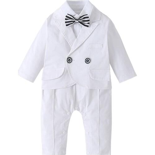 Baby Boys White Bow Tie Clothes Suits Kids Spring Long Sleeve England Jumpsuit+Tops Coat Boys 1 Years Baptism Gentleman Clothing