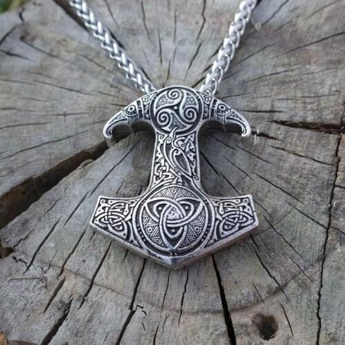 Lanseis 1pcs viking raven pendant Nordic Pagan men necklace Ravens Mjolnir hammer jewelry