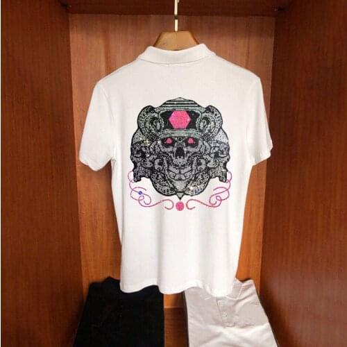 Skull Hot Rhinestone Exaggerated Design Short Sleeve Comfortable Summer Loose Fashion Cotton Mens Polo Shirt M-5XL