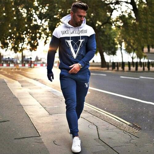 Spirng Autumn Men Sport Suit Letter Printed Hoodies Sweatshirt+pant Casual Running Jogger Fitness Workout Outfit Set Sportswear