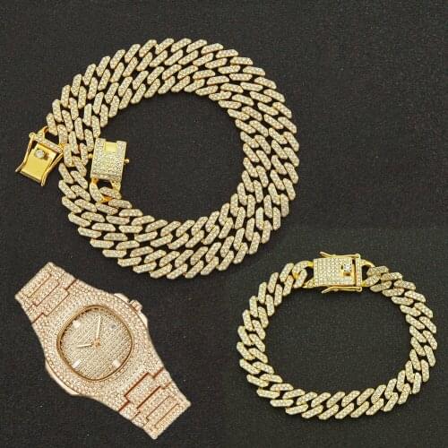 Hip Hop 3pcs Kit Prong Necklace Baguette Bracelet 12MM Cuban Iced Out Paved CZ Necklace+Watch+Bracelet For Men Jewelry