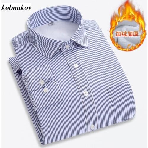2020 New Arrival Winter Style Men Leisure Thermal Long Sleeve Shirts Business Casual Mens Stripe Slim Warm Shirt Size M-5XL