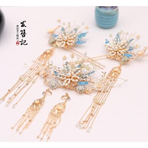 Luxury handmade hanfu phoenix coronet Chinese retro hair crown suit Martial arts fairy headdress Pearl shell hairpin clip