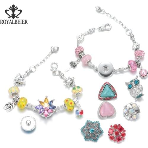 RoyalBeier Fashion Beads Silver Color Bangel/Bracelet Fit DIY Jewelry 18mm Snap Button For Women Pendant Metal Snap Bracelets