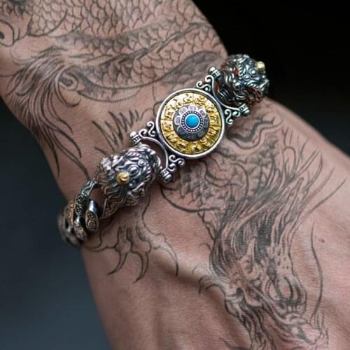 Handmade Silver Men And Women Bracelet Double Pixiu Nine Palace Bracelet Chinese Style Retro Couple Personality Gift