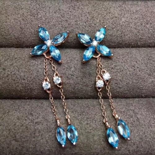 Fashion natural blue gem topaz drop earrings Natural gemstone earrings Long luxury Lucky Clover 925 silver female party jewelry