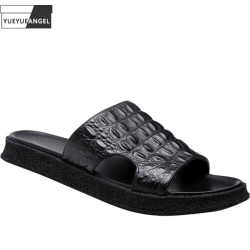 Outside Leisure Mens Slippers Black Crocodile Pattern Casual Slides Breathable Summer Beach Shoes Fashion Platform Slipper Male