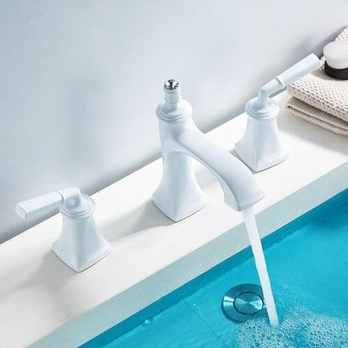 Bathroom Basin Faucets Brass Sink Mixer Tap Widespread Hot & Cold Dual Handle Three-hole Deck Mounted Lavatory Crane Tap White