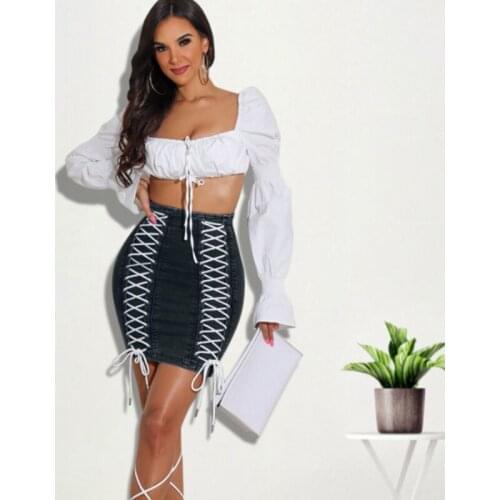 New Womens Stretchy Bandage High Waist Butt-Lifting Bodycon Ripped Denim Pencil Skirt
