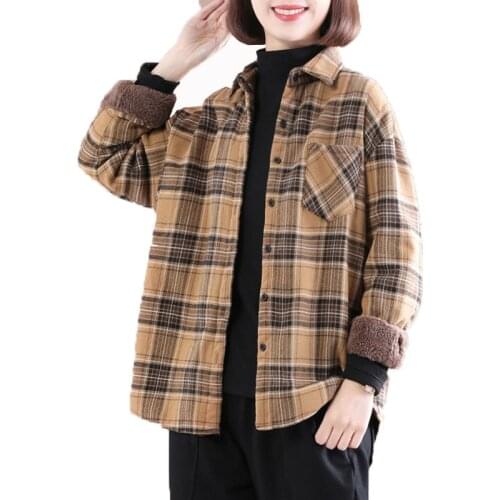 Coat Women Cotton Shirt Winter New Thick Sanded Plaid Shirt Long-Sleeve Korean Flannel Sanding Print Shirts Jacket Femme Tops