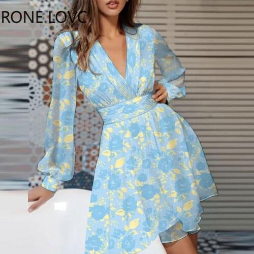 Women Chic All Over Print Deep V neck Lantern Sleeve Mini Sexy Dresses