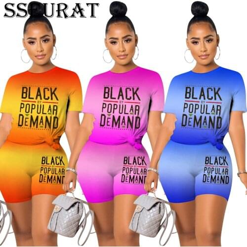 SSEURAT Women Two Piece Suits Letter Printed Casual Short Sleeve Shirt & Shorts Set
