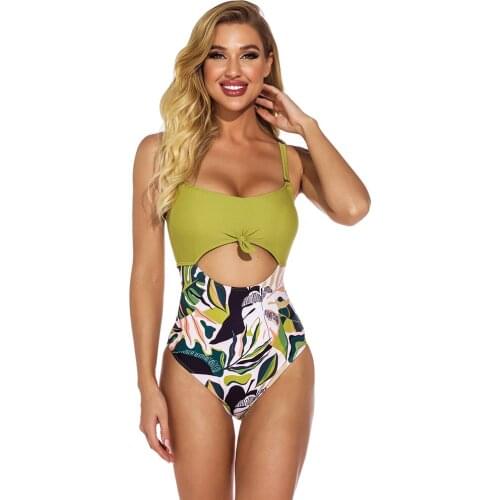 Summer Womens Leaf Print Splicing Triangle One-Piece Swimsuit 2021 New Sexy Sling Pastoral Leisure Wading Beach Sportswear