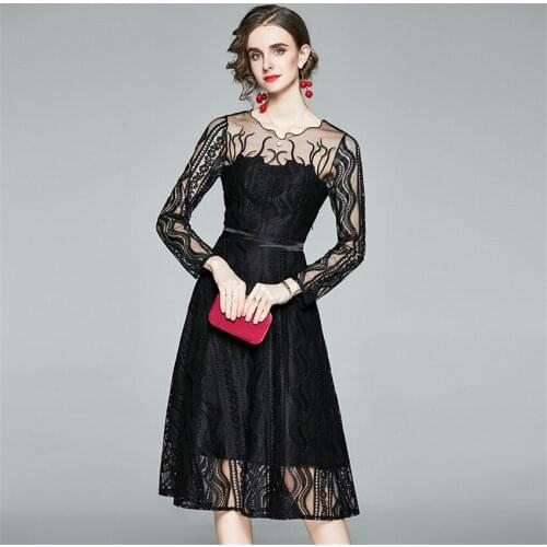 Fall 2020 Sexy Sheer Black Mesh Lace Dress Women Long Sleeve Elegant Dress High Quality Fashion Midi-cald Embroidery Dresses