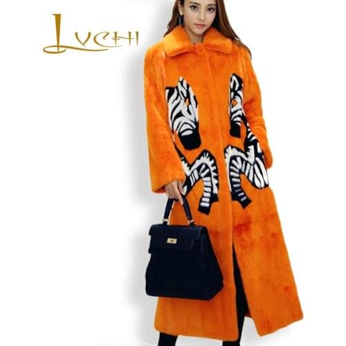 LVCHI Women Noble Print Fox Real Fur Coat 2019 Leather Fur Turn -Down Collar Zebra Denmark X-Long Mink Swan Velvet Mink Coats