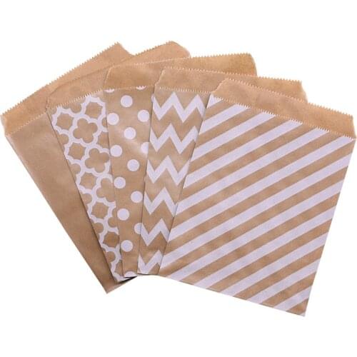 100pcs Kraft Paper Bag Cookie Candy Gift Bags Chevron Polka Dots Wedding Birthday Party Favor Bags Treat Food Packaging Supplies