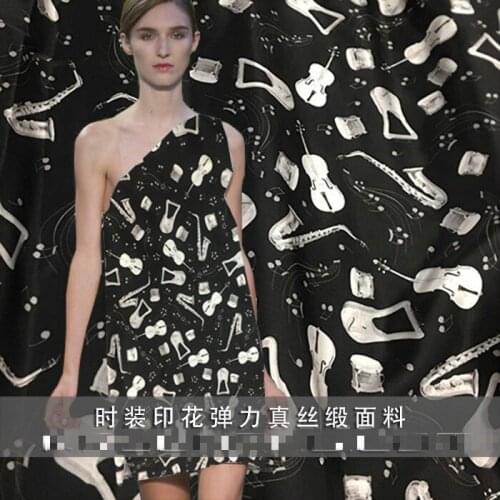 22mm 95% natural silk 5% spandex musical instruments print silk elastic stain fabric for summer skirt shirt dress DIY cloth RR01