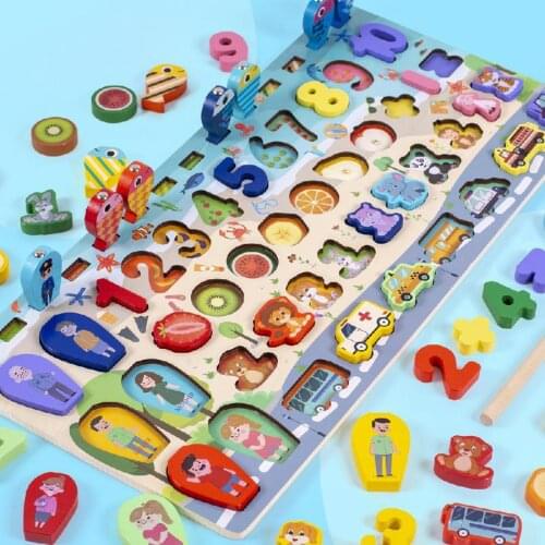 Montessori Early Learning Intelligence Development Puzzle Fishing Alphanumeric Matching Board Children Wooden Building Block Toy