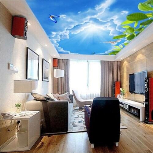 Photo wallpaper Ceiling mural blue sky white clouds leaves pigeons zenith background wall mural bedroom hotel lobby wallpaper