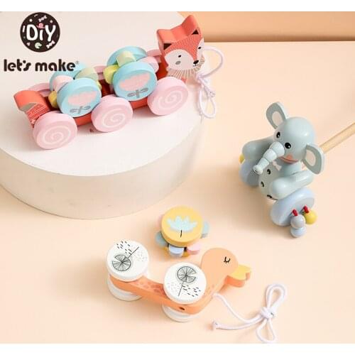 Let‘s Make Toddler Drag Game Drags fox Drags Toy Car Duck Elephant Learning and Motor Skills Toy Wooden Toy Fox Trailer