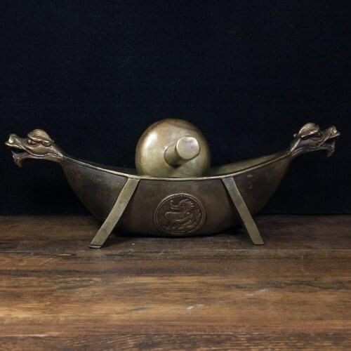 14"Chinese Folk Collection Old Bronze Cinnabar Faucet Dragon boat statue traditional Chinese medicine Medicine milling tool