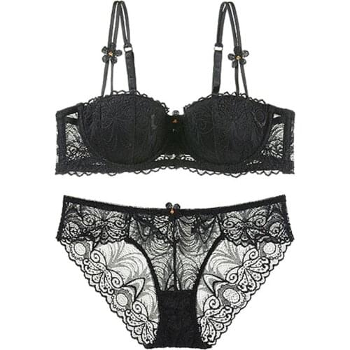 Sexy Half Cup Lingerie Set Lace Embroidery Bra Transparent Panty Sets High Quality Ultra Thin Bow Intimates for Women Padded