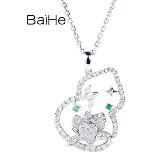 BAIHE Solid 14K White Gold 0.03ct Natural Emerald 0.38ct Natural Diamond Wedding Gift Vintage literary gourd Emerald pendant