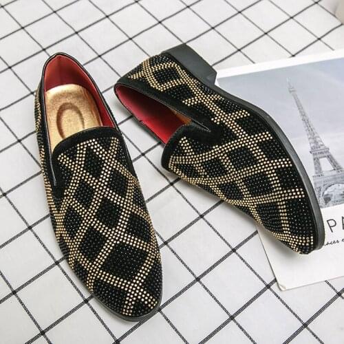 Mens Fashion Rhinestone Suede Leather Velvet Crystal Loafers Men Casual Printed Moccasins Oxfords Shoes Man Party Driving Flats