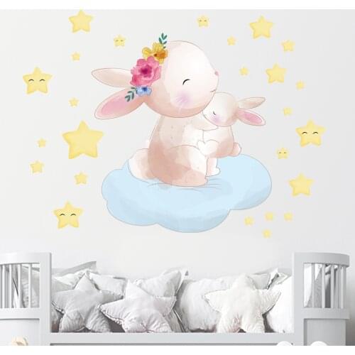 Lovely Rabbit Wall Stickers Kids Room Bedroom Decor Aesthetic Wallsticker Stars Self Adhesive Wallpaper Home Decoration Art