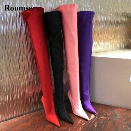 New Arrival Women Sexy Pointed Toe Silk Slim Over Knee High Heel Boots Stiletto High Heels Elasticity Slip-on Bandage Boots