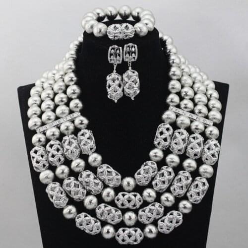 Luxury Silver African Jewelry Set Nigerian Beaded Wedding Statement Necklace Set Women Fashion Jewelry Set Free shipping WD468