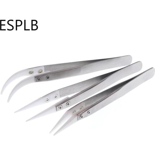 ESPLB Stainless Steel Ceramic Tweezers Heat Resistant Antimagnetic Electronic Cigarette Ceramic Straight Curved Tip Tweezers