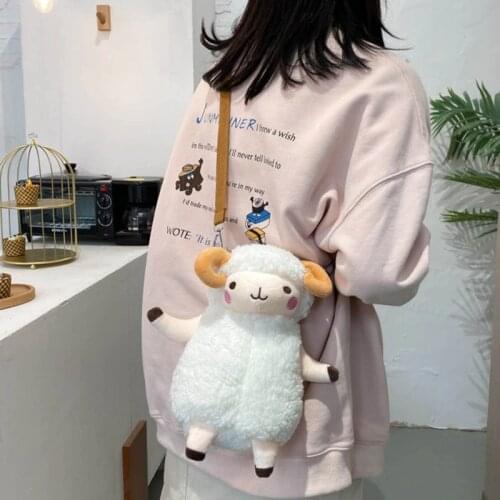 Cute Cartoon Sheep Plush Bag Crossbody Satchel Cellphone Pouch Zipper Shoulder Bags for Girls Women