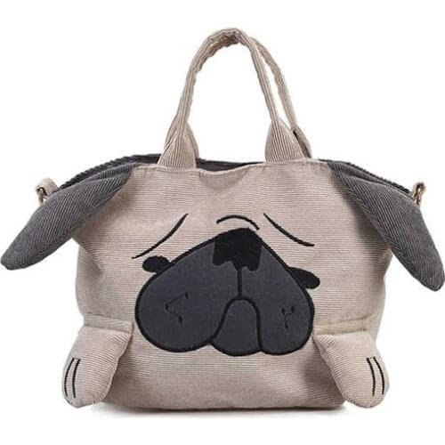 Cute Animal Handbags For Women Casual Travel Large Capacity Totes Shoulder Bags Pug Dog Corduroy Messenger Bag Feminine Bolsas