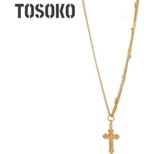 TOSOKO Stainless Steel Jewelry Gold Cross Necklace Double Chain Female Hip Hop Clavicle Chain BSP668