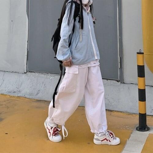 QWEEK Korean Style White Cargo Pants Women Hippie Streetwear Oversize Wide Leg Black Trousers for Female Vintage Grunge Fashion