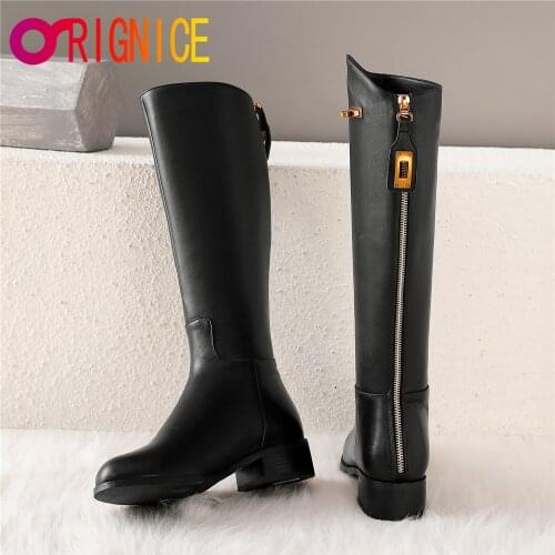 Orignice INS Women Genuine Leather Riding Knee High Boots Round Toe Thick Heel Ladies Autumn Winter Back Zipper Office Shoes