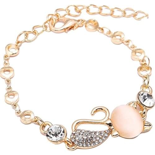 Women Fashion Alloy Rhinestone Cat Chain Charm Bracelet Bangle Jewelry Gift