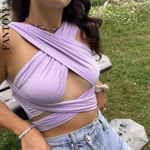 Fantoye V Neck Sleeveless Crop Top For Women 2021 Cross Backless Slim Cropped Sexy Summer Vacation Bandage Tank Top Partywear